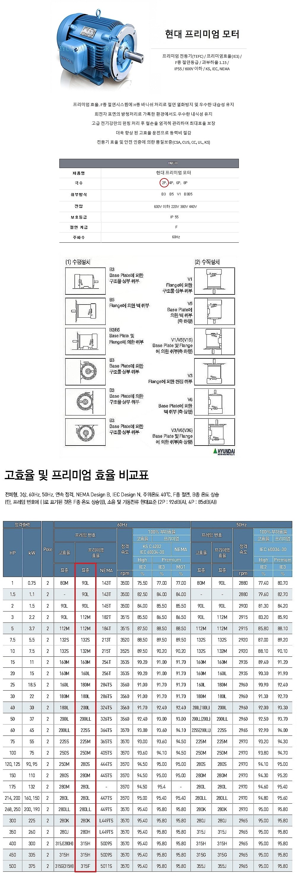 전폐형 2극 프리미엄 수평 모터 (IE3-B3 삼상)_상세페이지