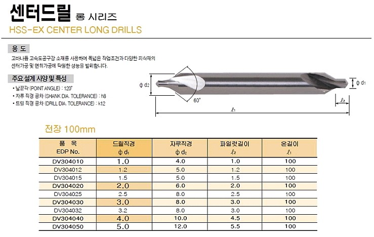 롱 센터 드릴 (60˚ A Type 100L)_상세페이지