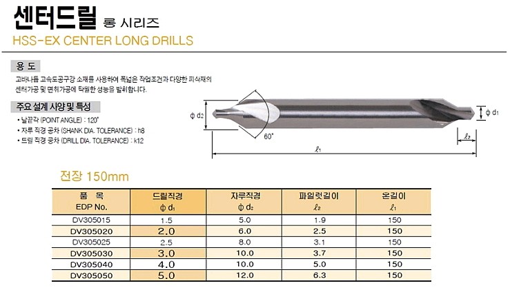 롱 센터 드릴 (60˚ A Type 150L)_상세페이지