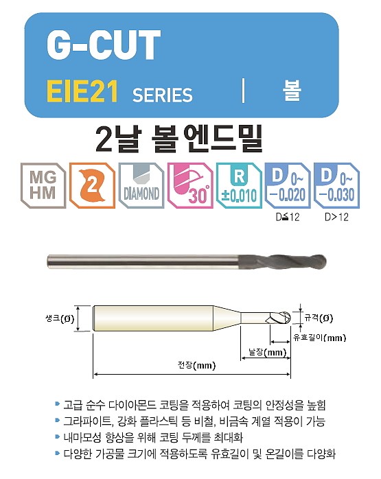 초경 2날 G-CUT 볼 엔드밀 (EIE21 0.1 ~ 1.5)_상세페이지