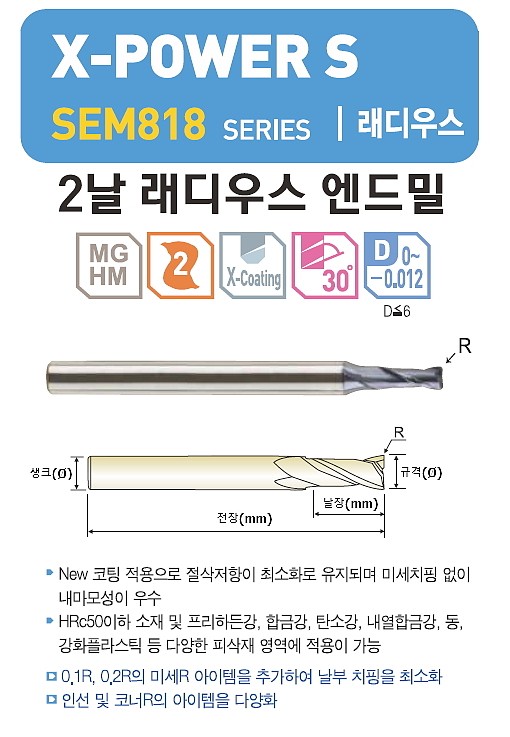 초경 2날 X-POWER S 코너 래디우스 엔드밀 (SEM818)_상세페이지