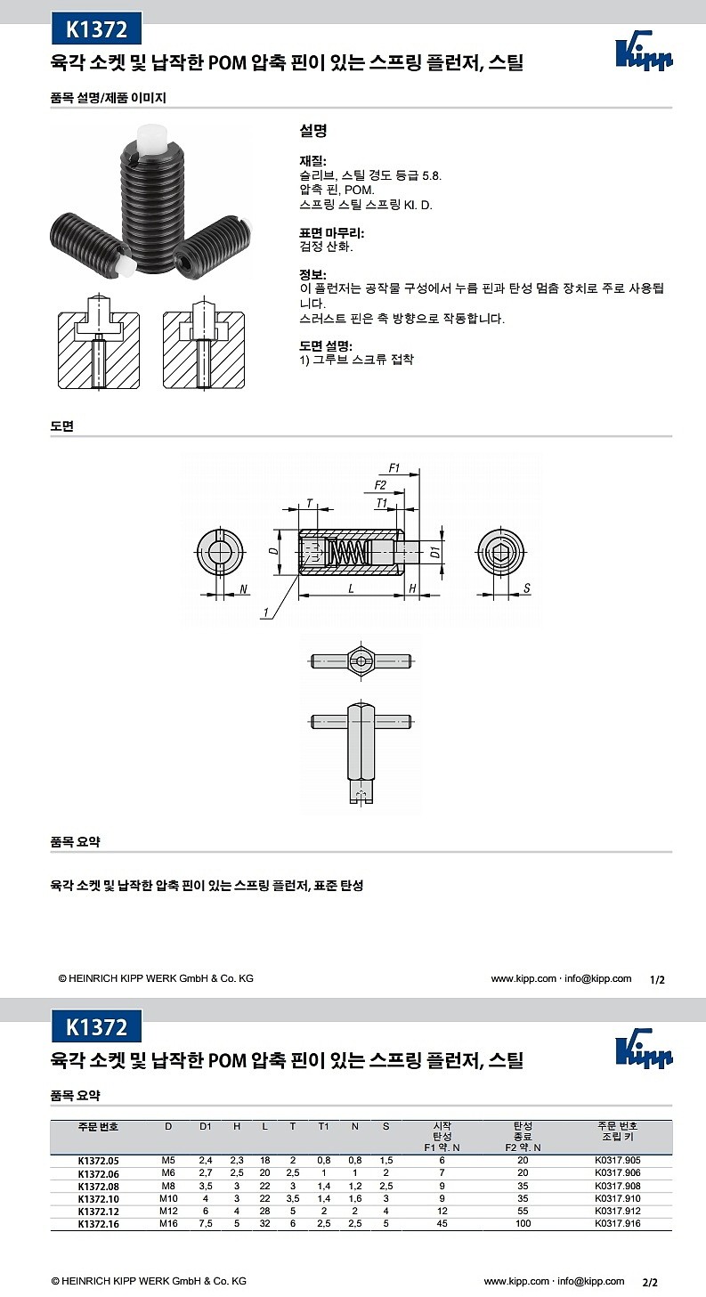 육각 소켓 및 납작한 POM 압축 핀이 있는 스프링 플런저 (스틸, K1372)_상세페이지