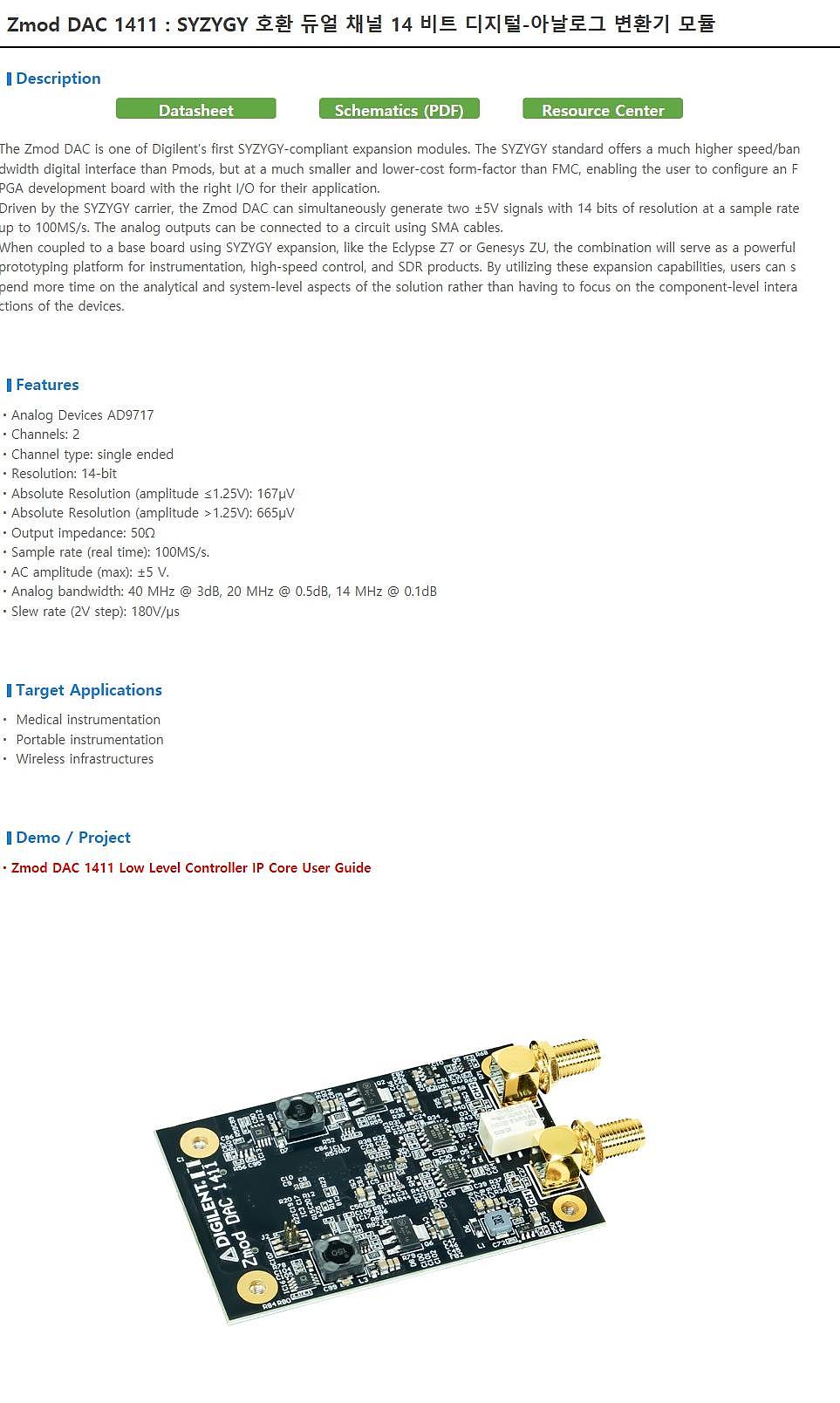 SYZYGY-compatible Dual-channel 14-bit Digital-to-Analog Converter Module (Zmod DAC 1411)_상세페이지