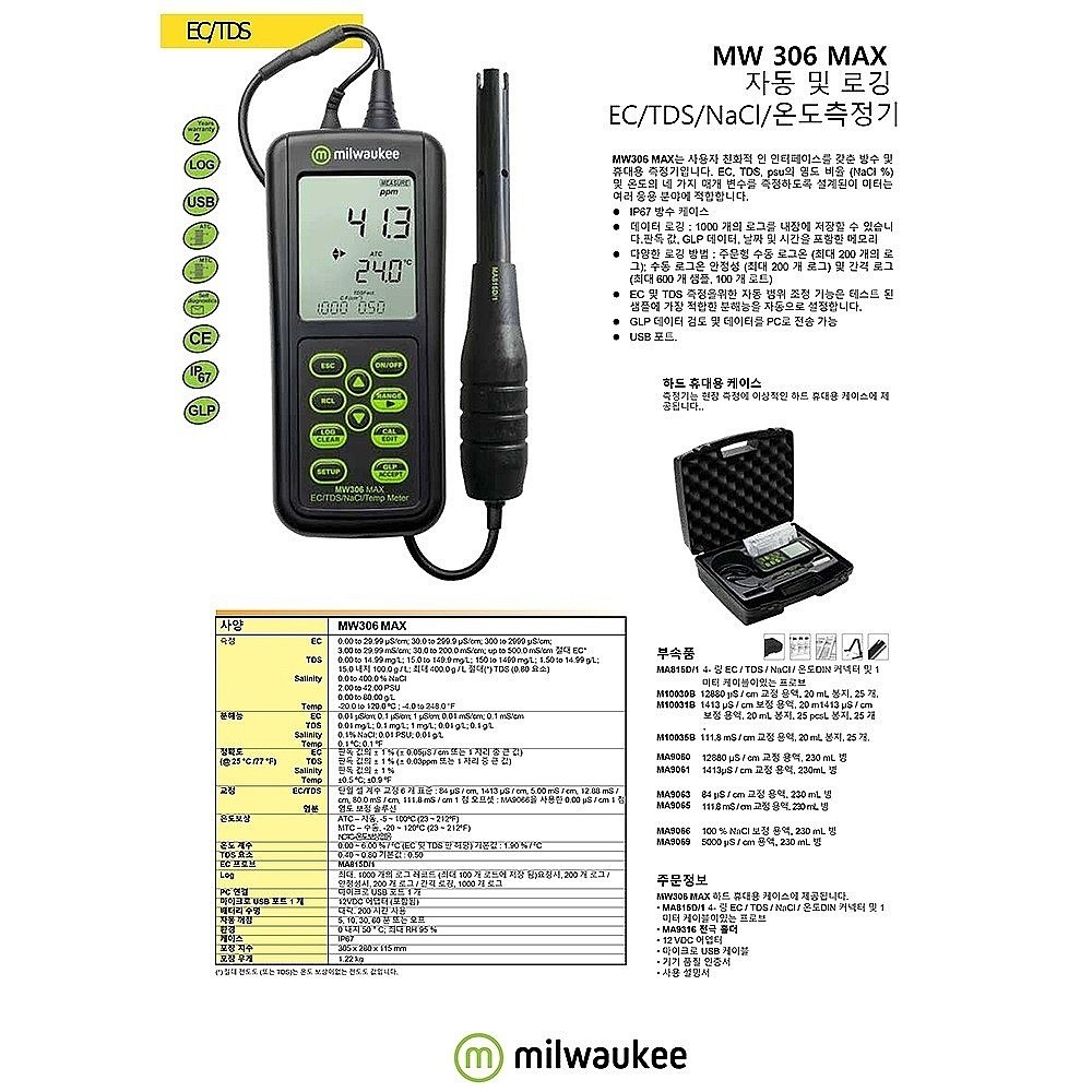 EC/TDS/NaCl/온도 로깅 휴대용 측정기 (MW306)_상세페이지