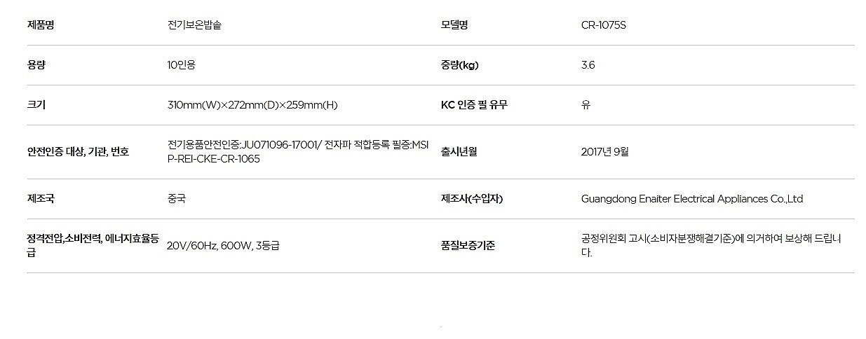 10인용 대용량 전기보온밥솥 (CR-1075S)_상세페이지