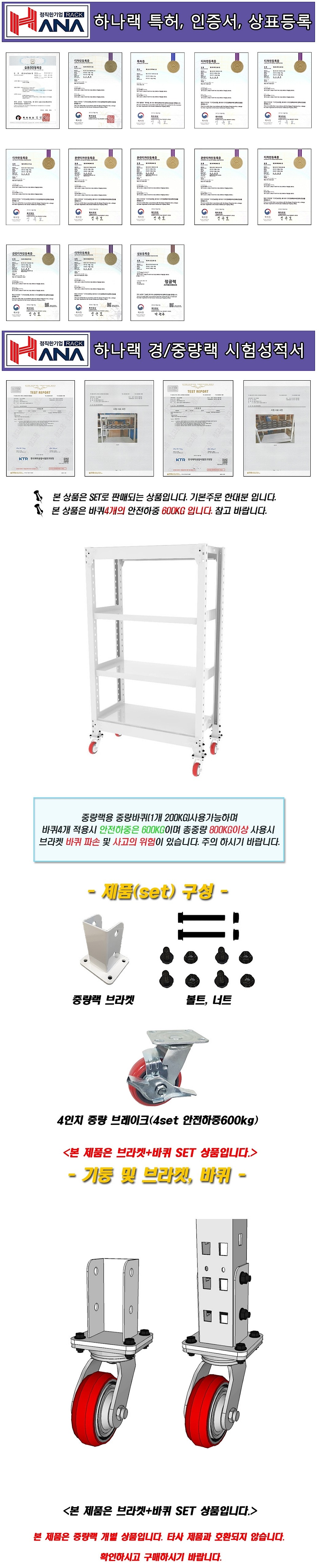 중량랙 기둥 4대분 중량바퀴 브라켓 SET (600kg용)_상세페이지