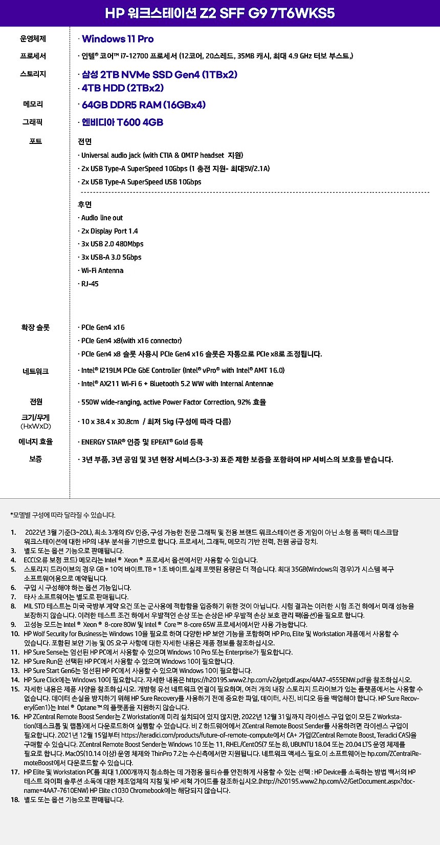 Z2 SFF G9 5S1J4AV 워크스테이션 (i7-12700/64G/2TB/HDD 4TB/W11P)_상세페이지
