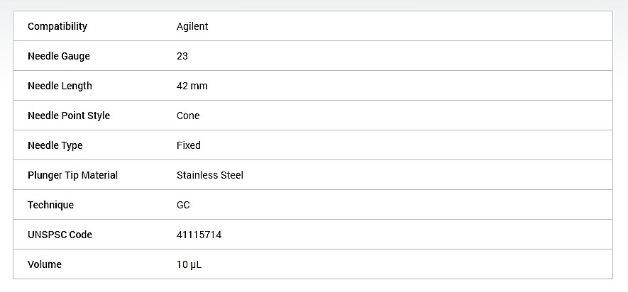오토샘플러 시린지 (ALS Syringe, Gold Standard, 10ul straight, fixed needle, 23/42/HP)_상세페이지