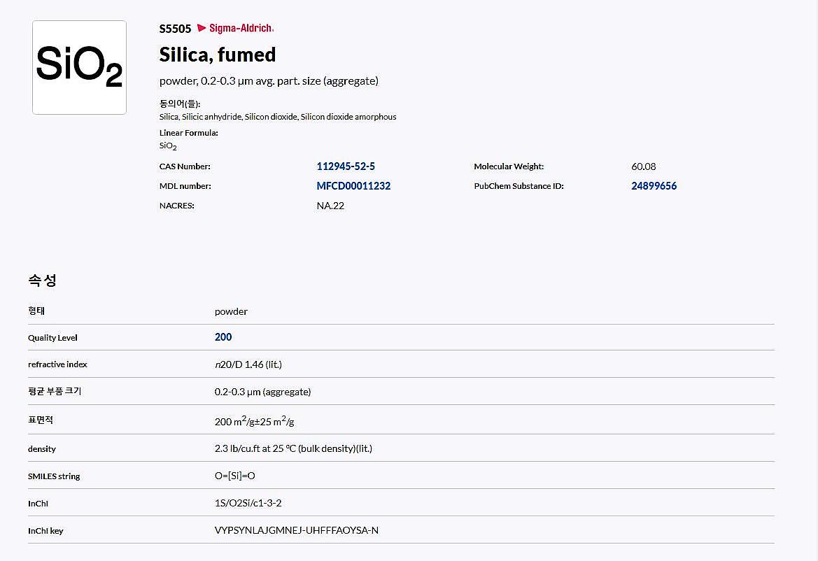 Silica, fumed powder, 0.2-0.3 um avg. part. size (aggregate)_상세페이지