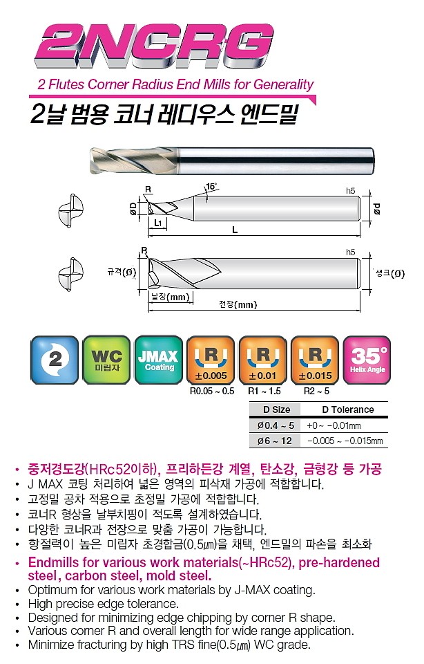 초경 2날 J-MAX 범용 코너 래디우스 엔드밀 (2NCRG 0.4 ~ 6.0)_상세페이지