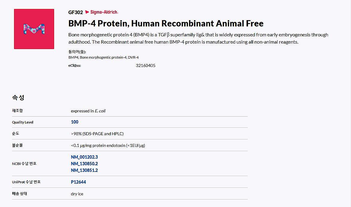 BMP-4 Protein, Human Recombinant Animal Free Bone morphogenetic protein 4 (BMP4) is a TGFβ superfamily lig& that is widely expressed from early embryogenesis through adulthood_상세페이지