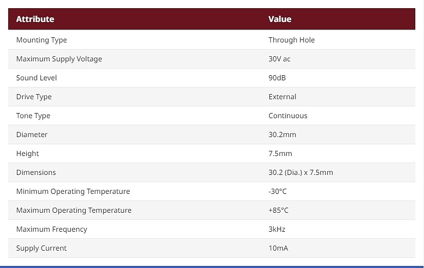 RS PRO 90dB Through Hole Continuous External Piezo Buzzer, 30.2 (Dia.) x 7.5mm, 30V ac Max_상세페이지