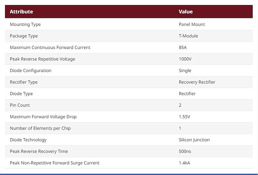 Vishay 1000V 85A, Rectifier Diode, 2-Pin T-Module VS-T85HFL100S05_상세페이지