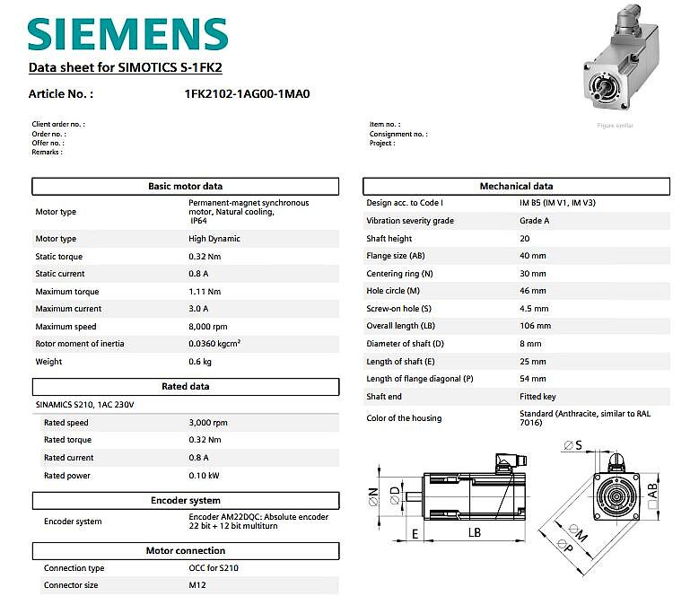 1FK2102 Synchronous Servo Motor, 100 W, 240 V, Flange Mount Mounting (1FK2102-1AG00-1MA0)_상세페이지