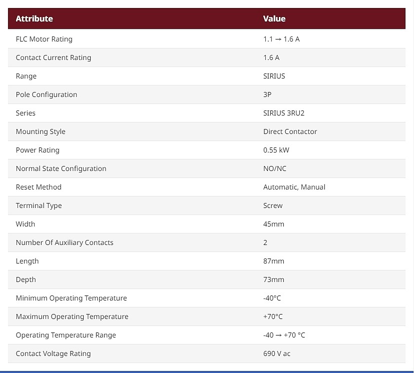 Overload Relay - 1NO + 1NC, 1.1 →1.6 A F.L.C, 1.6 A Contact Rating, 0.55 kW, 3P, SIRIUS Innovation (3RU2116-1AB0)_상세페이지