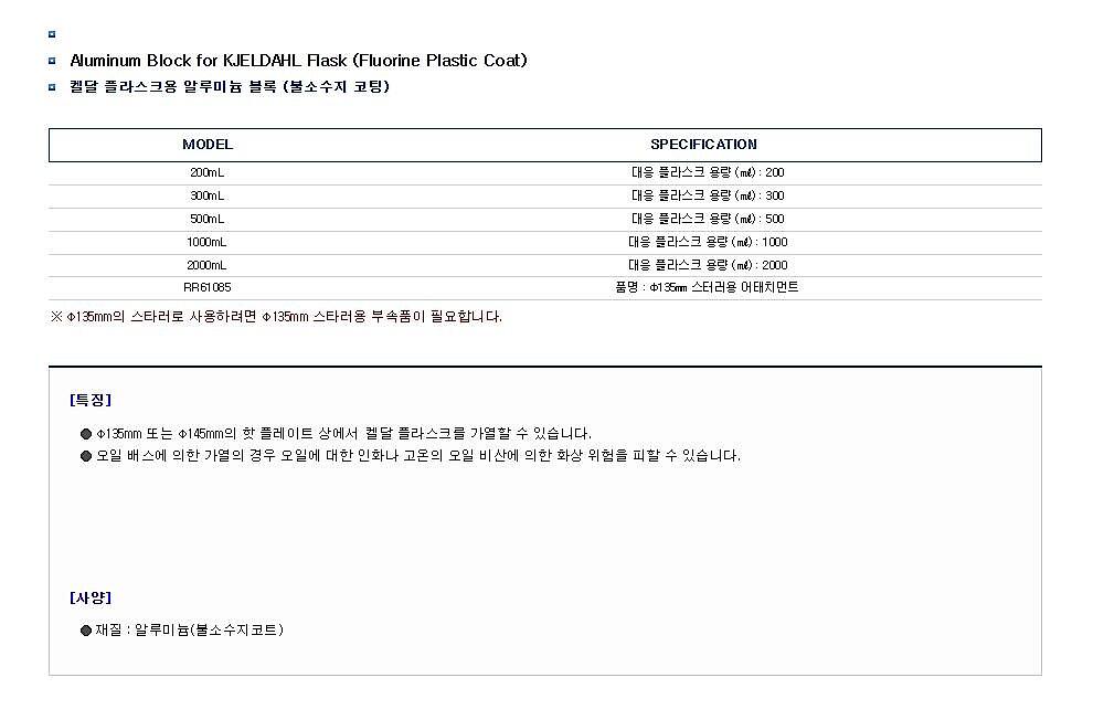 켈달 플라스크용 알루미늄 블록 (불소수지 코팅 / Aluminum Block for KJELDAHL Flask (Fluorine Plastic Coat))_상세페이지