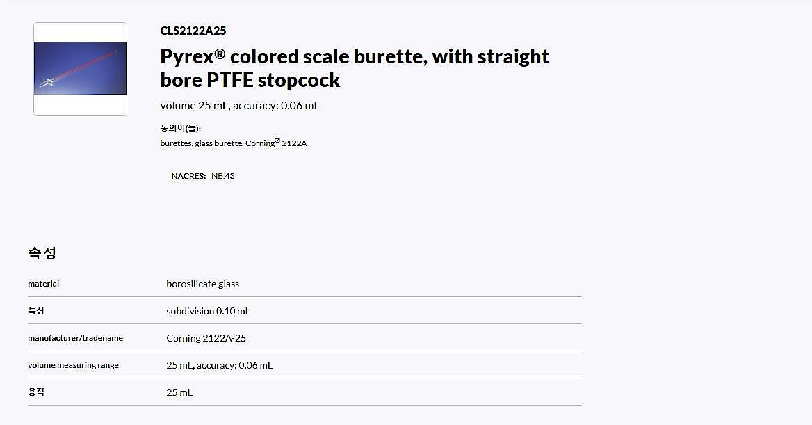 PYREX 25mL Dispensing Burets, Colored Scale, with Straight Bore Product Standard PTFE Stopcock (2122A-25)_상세페이지