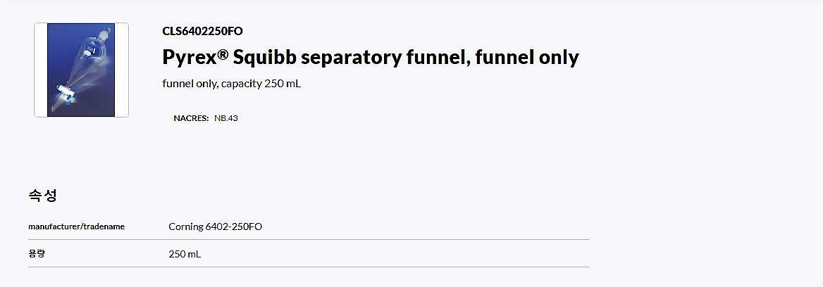 PYREX 250mL Replacement Squibb Separatory Funnel WITHOUT Valve and Stopper (6402-250FO)_상세페이지