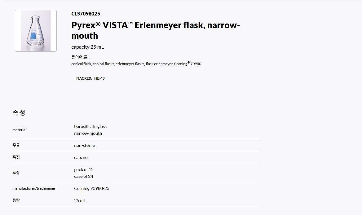 PYREX VISTA 25mL Narrow Mouth Erlenmeyer Flasks with Heavy Duty Rim (70980-25)_상세페이지