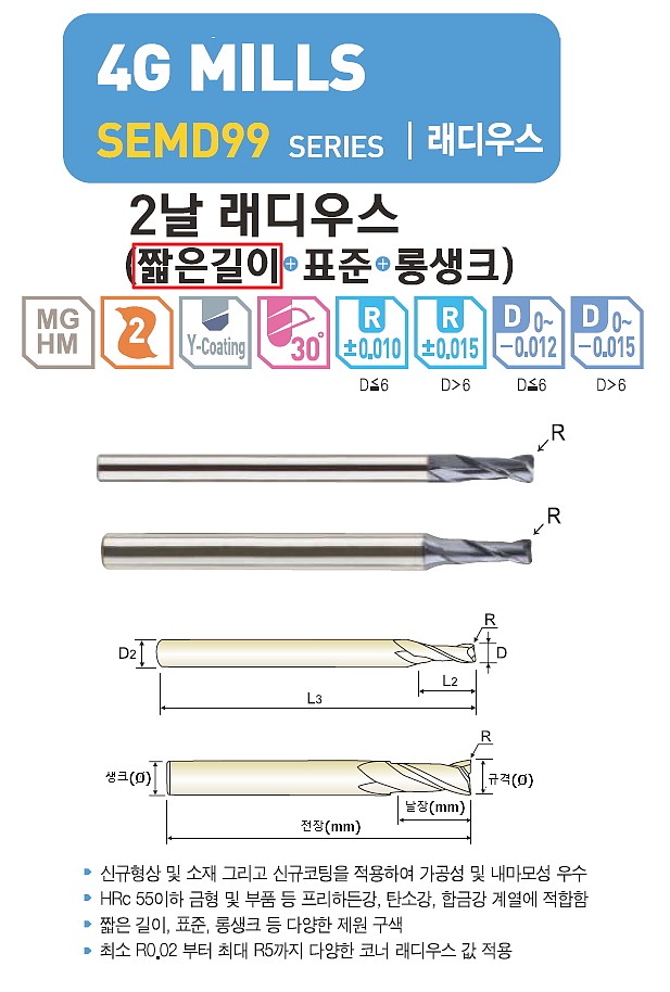 초경 2날 4G MILLS 짧은길이 코너 래디우스 엔드밀 (SEMD99)_상세페이지
