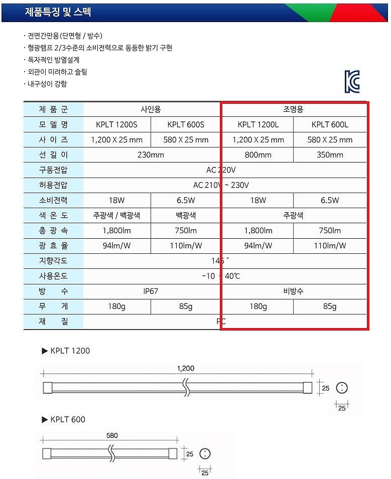 LED 조명용 형광등 (단면)_상세페이지