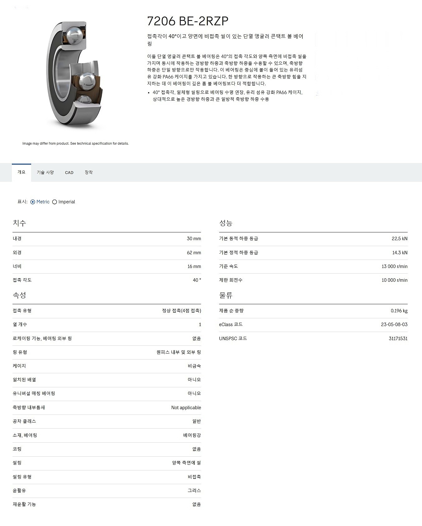 앵귤러 콘택트 볼 베어링 (7206 BE-2RZP)_상세페이지