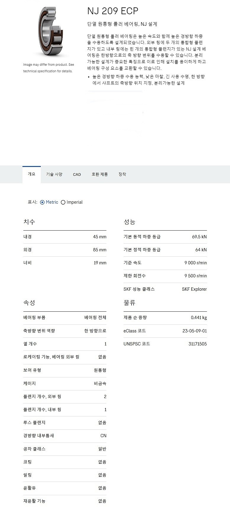원통형 롤러 베어링 NJ 209 ECP_상세페이지