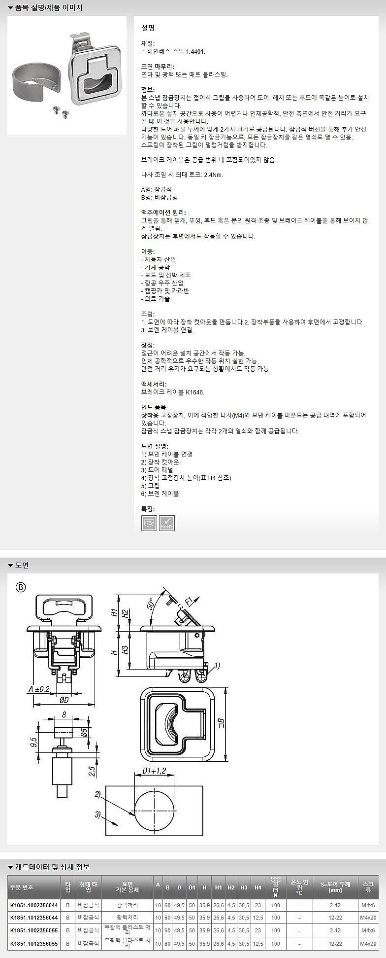 접이식 그립이 있는 보덴 케이블용 스텐리스 스냅 잠금장치 (K1851_B)_상세페이지