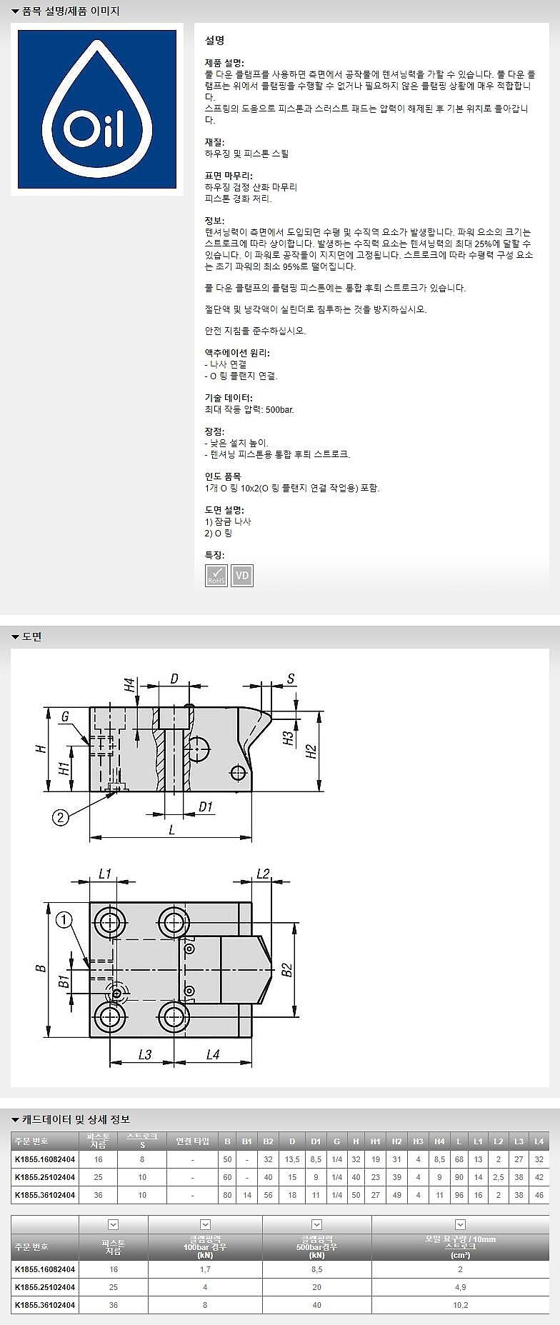 유압 회전식 풀 다운 클램프 스프링 리턴이 있는 단동 (K1855)_상세페이지