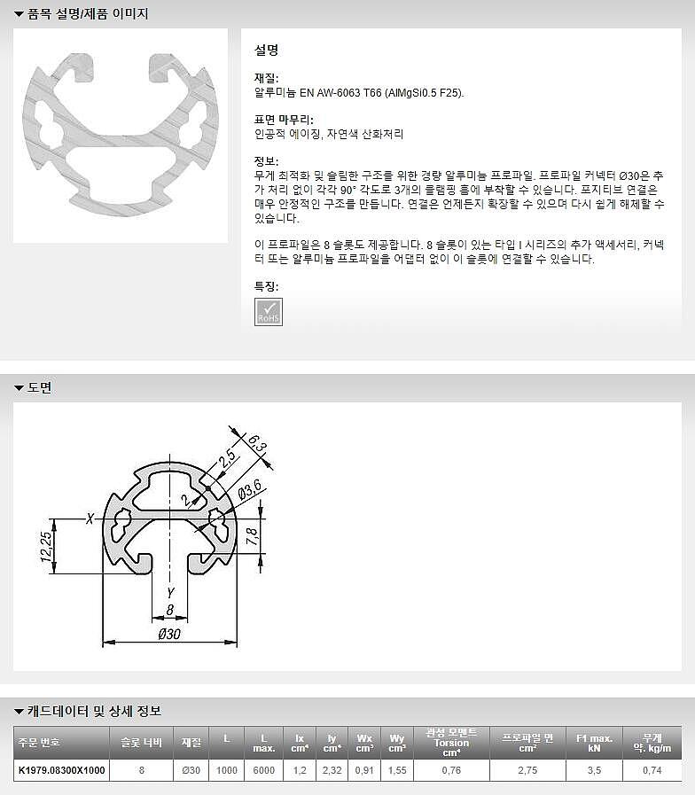 알루미늄 프로파일 튜브 Ø30 (8 슬롯용 타입 I / K1979)_상세페이지