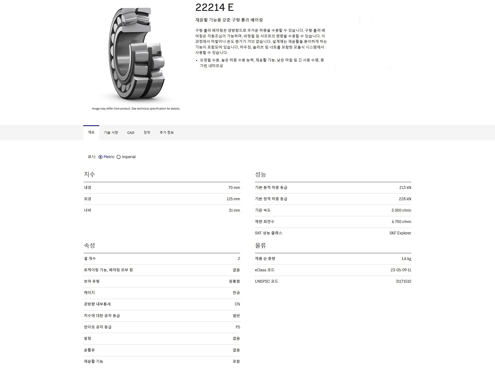 구형 롤러 베어링 (22214 E)_상세페이지