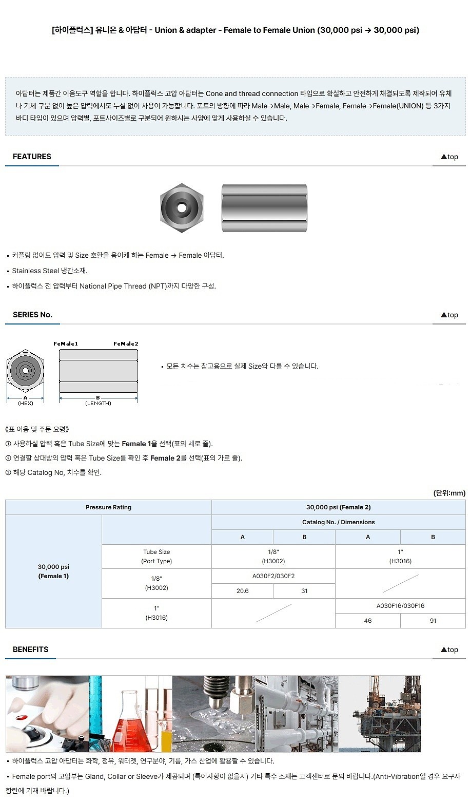 고압 유니온 & 아답터 Union & Adapter - Female to Female - (30000psi + 30000psi)_상세페이지