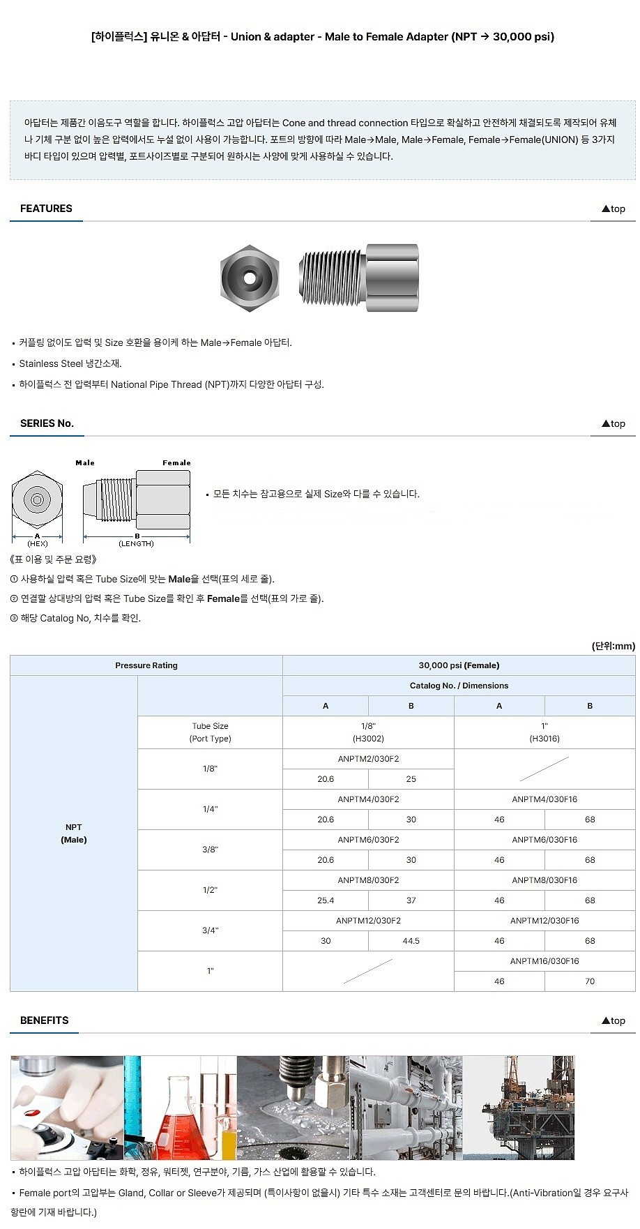 고압 유니온 & 아답터 Union & Adapter - Male to Female - (NPT + 30000psi)_상세페이지