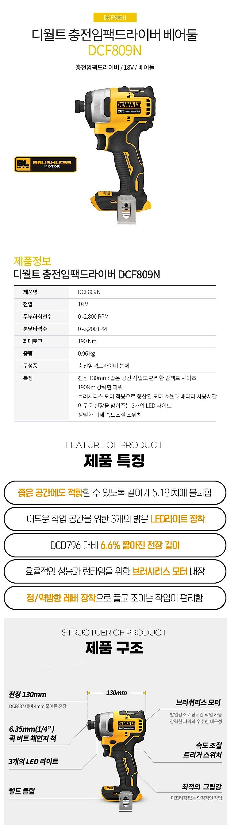 충전 18V 임팩 드라이버 (DCF809N / 베어툴)_상세페이지