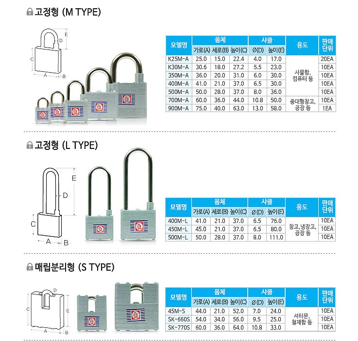 고정식 열쇠 자물쇠 (400-A/동일키)_상세페이지