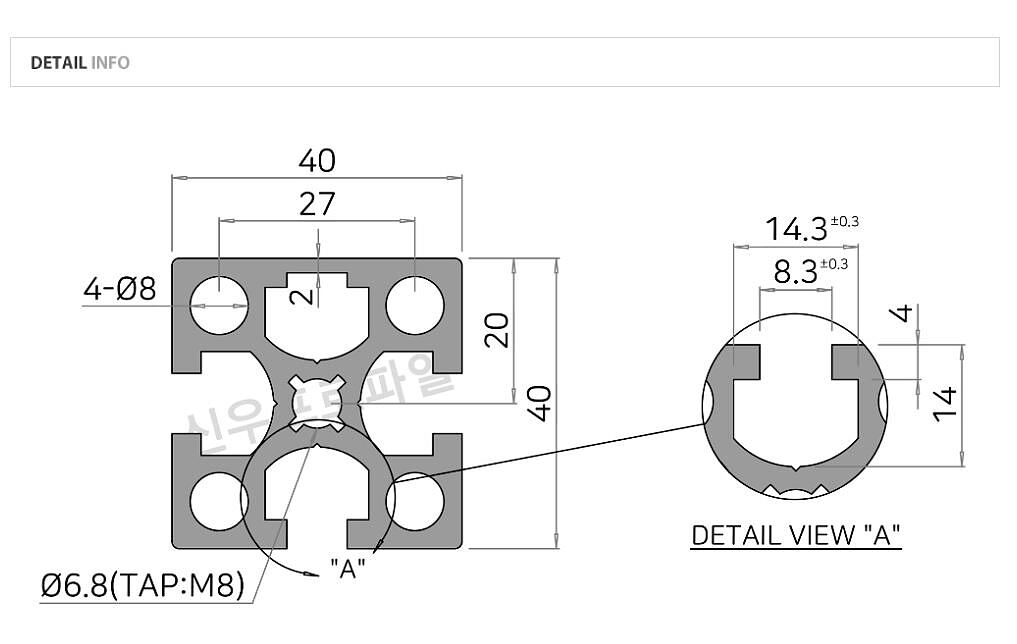 알루미늄 프로파일 (중량/1면막힘/M8/DCF4040-1)_상세페이지