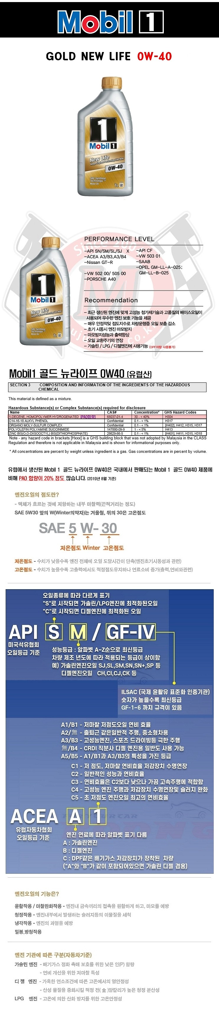 가솔린/디젤 GOLD NEW LIFE 합성 엔진오일 (0W-40)_상세페이지