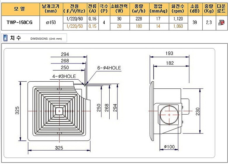 천정용 환풍기 (TWP-150CG)_상세페이지