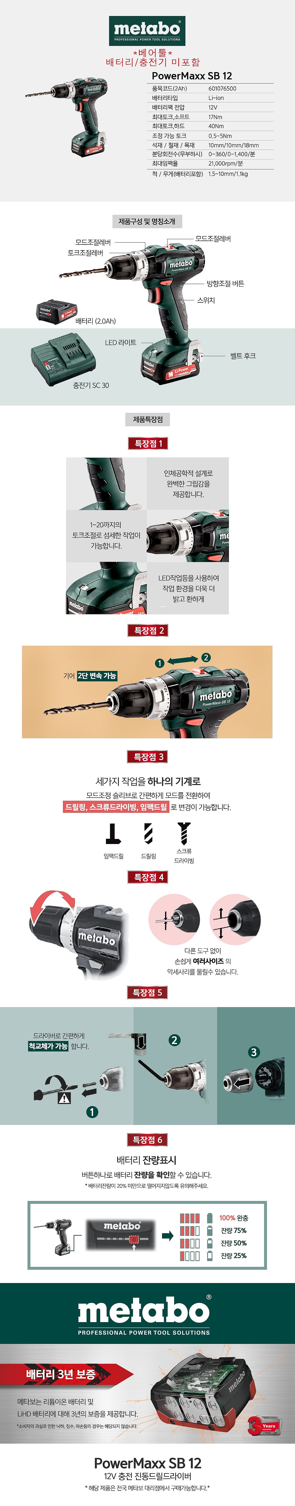 충전 12V 임팩 드라이버 드릴 (PowerMaxx SB 12 / 베어툴)_상세페이지