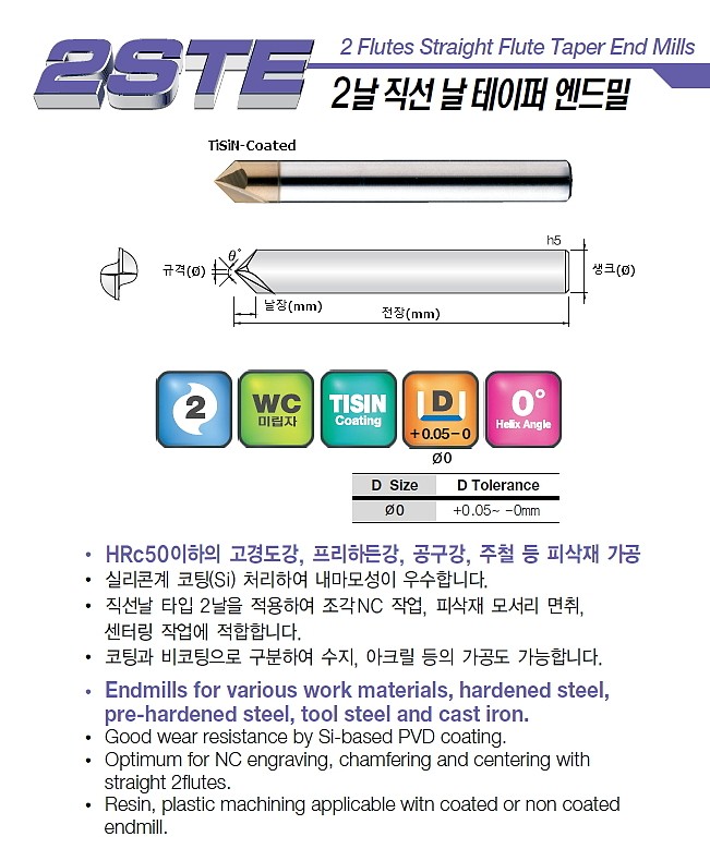 초경 2날 TiSiN 직선날 테이퍼 엔드밀 (2STEC 30˚)_상세페이지