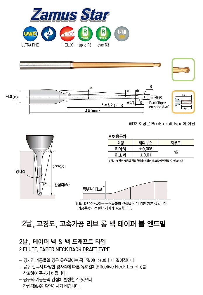 초경 2날 ALTiN HH 고경도 고속가공 리브 롱넥 테이퍼 볼 엔드밀 (ZSTNB20 0.2 ~ 1.0)_상세페이지