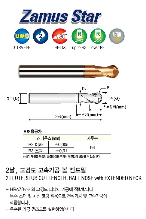 초경 2날 ALTiN HH 고경도 고속가공 볼 엔드밀 (DB702)_상세페이지