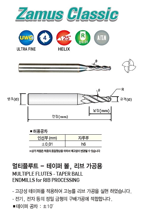 초경 4날 ALTiN 멀티플루트 리브가공 테이퍼 볼 엔드밀 (TPRB4 050)_상세페이지
