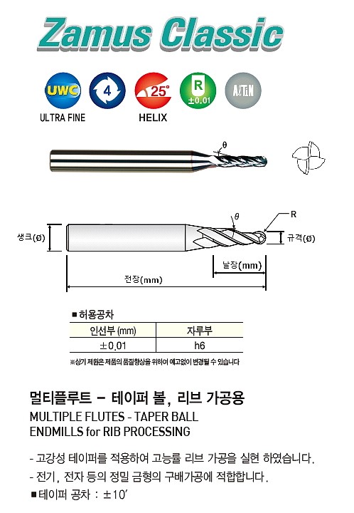 초경 4날 ALTiN 멀티플루트 리브가공 테이퍼 볼 엔드밀 (TPRB4 075)_상세페이지