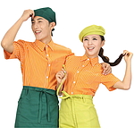 오렌지 굵은줄 스판 반팔셔츠 조리복