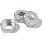 Aluminum crimp seal (without septum), silver aluminum open center, diam. × opening 20 mm × 9.5 mm, pkg of 100 ea