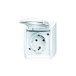 Busch Jaeger - White 1 Gang Plug Socket, 2 Poles, 16A, Type F - German Schuko, Outdoor Use (20 EW-54)