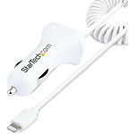시가 소켓 카 충전기/코일형/Lightning 케이블/1m/1x USB-A 포트/12W/화이트/iPhone iPad & 태블릿용 차재 충전기/2포트 USB 자동차 충전기/컬 코드